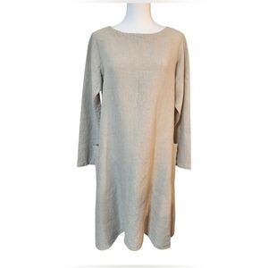 🇨Maiwa Handprints Studio,Minimalist Taupe Shift, 100% Linen Dress with Pockets